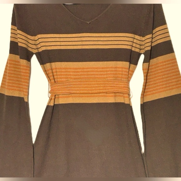 PrAna Sydney Sweater Dress with V-Neck & Tie Belt in Brown, Tan, & Orange, M - Picture 8 of 15